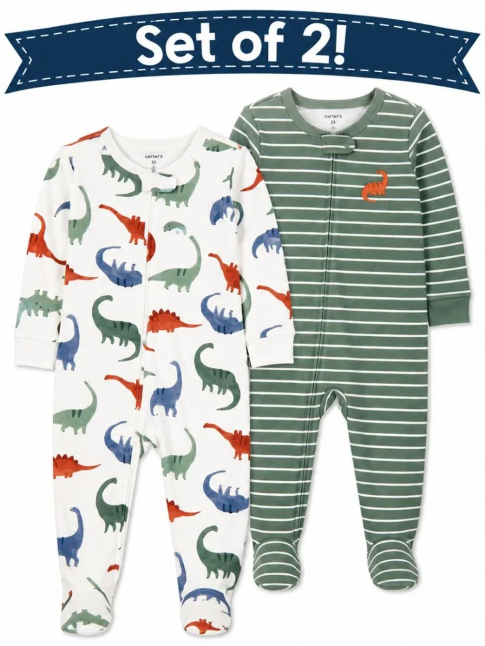 NWT Carter’s Set of 2 Toddler Boy Footed Cotton Pajamas Dinosaur Print Sleepers